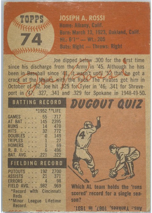 1953 Topps #74 Joe Rossi card back