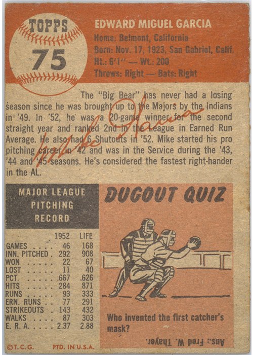 1953 Topps #75 Mike Garcia card back