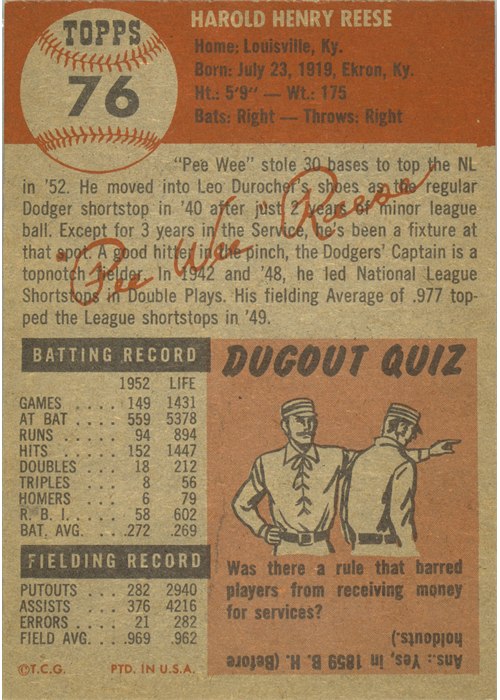 1953 Topps #76 Pee Wee Reese card back