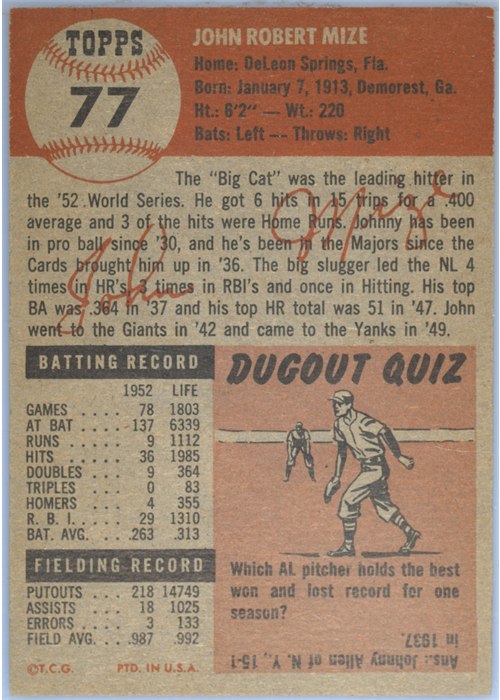 1953 Topps #77 Johnny Mize card back