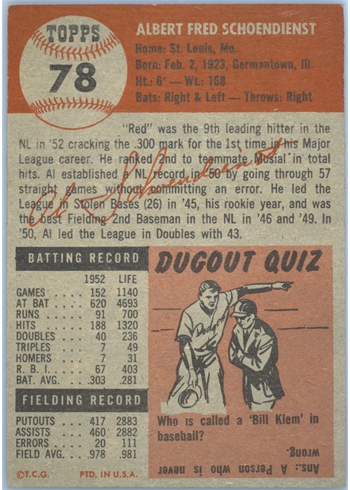 1953 Topps #78 Al Schoendienst card back