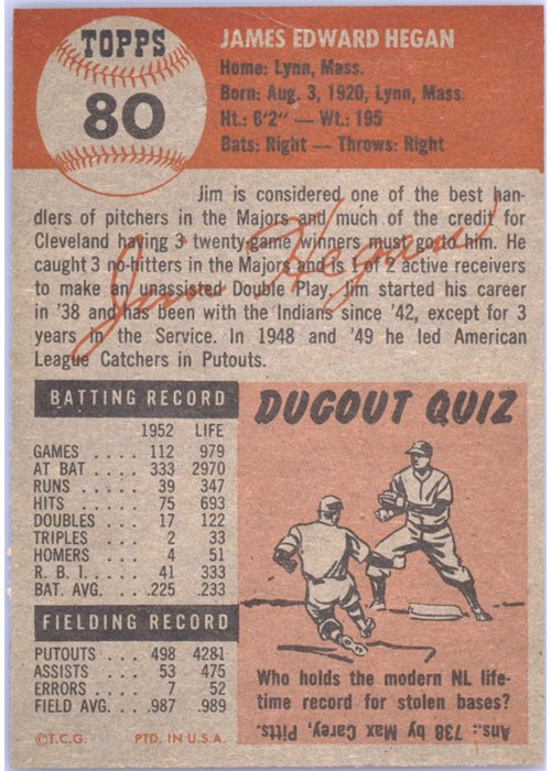 1953 Topps #80 Jim Hegan card back