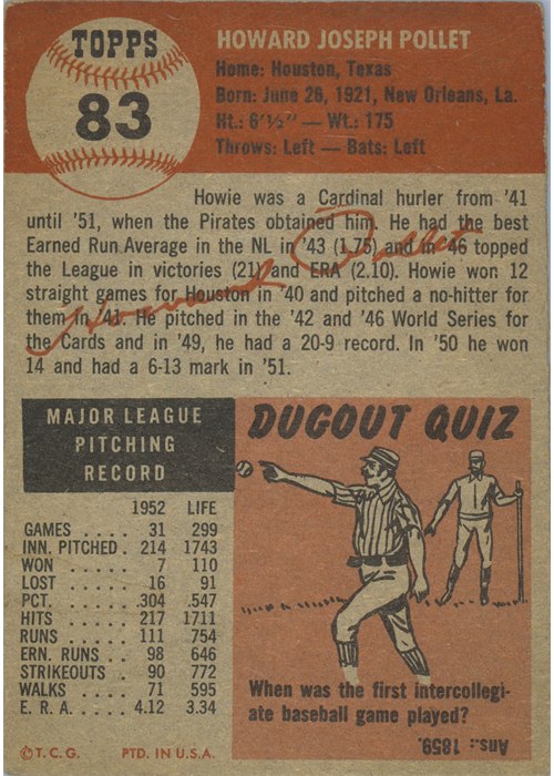 1953 Topps #83 Howie Pollet card back