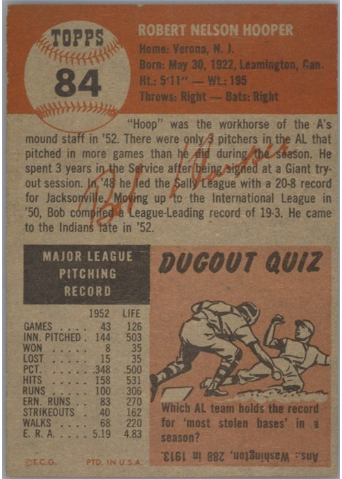 1953 Topps #84 Bob Hooper card back