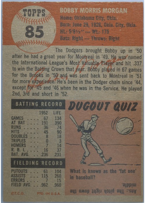 1953 Topps #85 Bobby Morgan card back