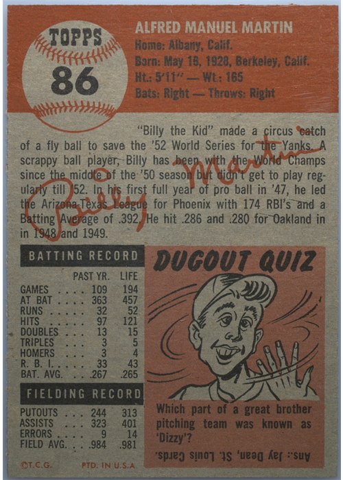 1953 Topps #86 Billy Martin card back