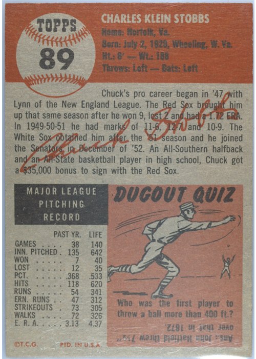 1953 Topps #89 Chuck Stobbs card back