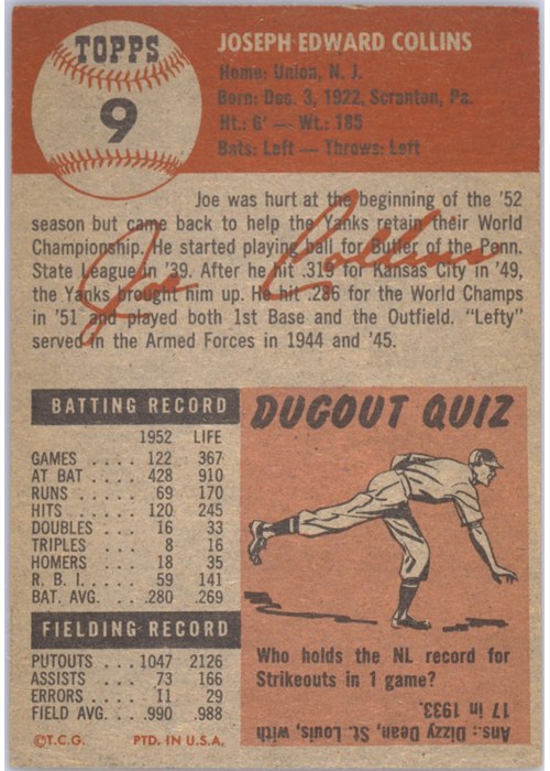 1953 Topps #9 Joe Collins card back