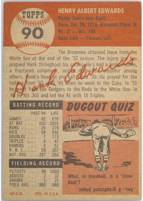 1953 Topps #90 Hank Edwards card back
