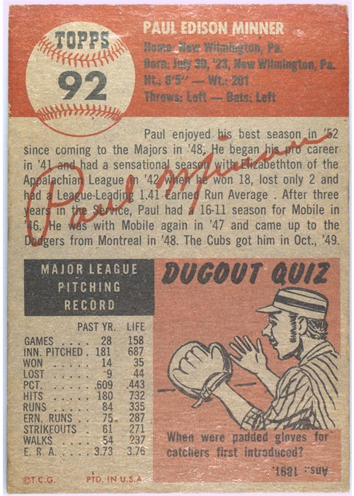 1953 Topps #92 Paul Minner card back