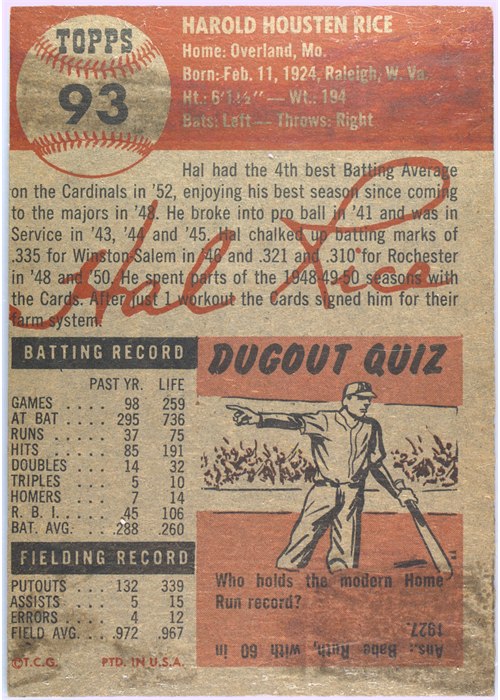 1953 Topps #93 Hal Rice card back