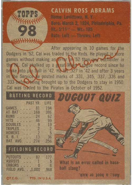 1953 Topps #98 Cal Abrams card back
