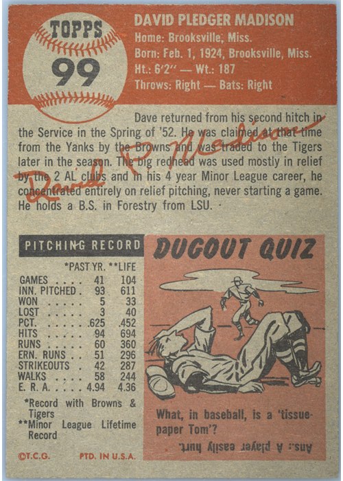 1953 Topps #99 Dave Madison card back