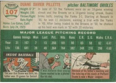 1954 Topps #107 Duane Pillette (back)