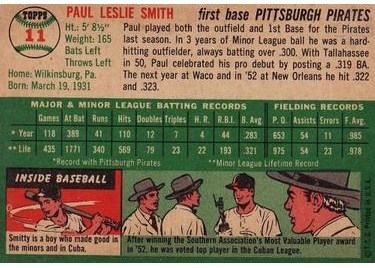 1954 Topps #11 Paul Smith (back)