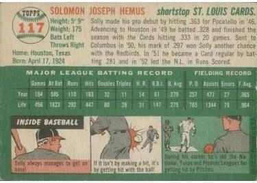 1954 Topps #117 Solly Hemus (back)