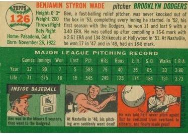 1954 Topps #126 Ben Wade (back)
