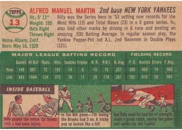 1954 Topps #13 Billy Martin (back)