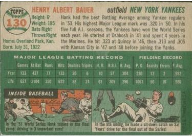 1954 Topps #130 Hank Bauer (back)