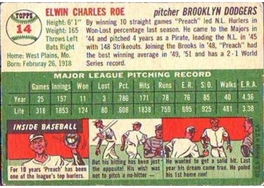 1954 Topps #14 Preacher Roe (back)