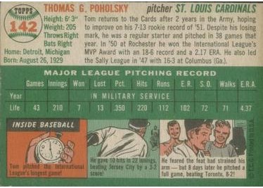 1954 Topps #142 Tom Poholsky (back)