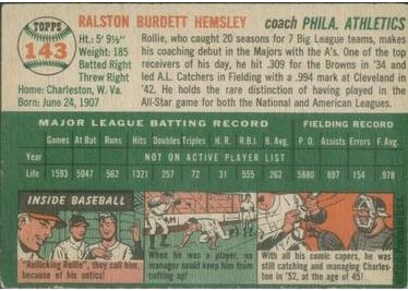 1954 Topps #143 Rollie Hemsley (back)