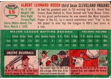 1954 Topps #15 Al Rosen (back)