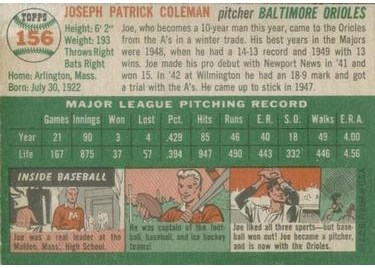 1954 Topps #156 Joe Coleman (back)