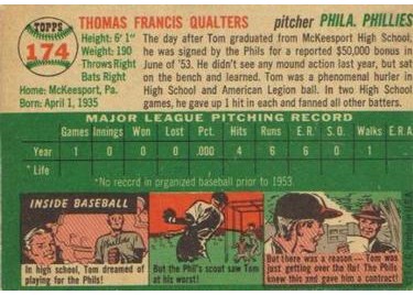 1954 Topps #174 Tom Qualters (back)