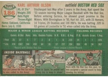 1954 Topps #186 Karl Olson (back)