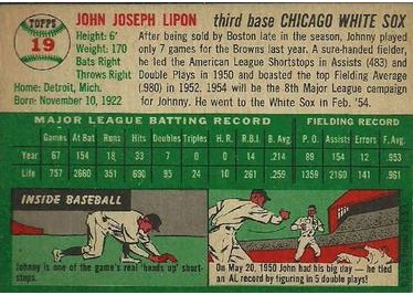 1954 Topps #19 Johnny Lipon (back)