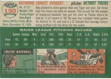 1954 Topps #190 Ray Herbert (back)