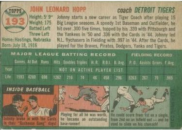 1954 Topps #193 Johnny Hopp (back)