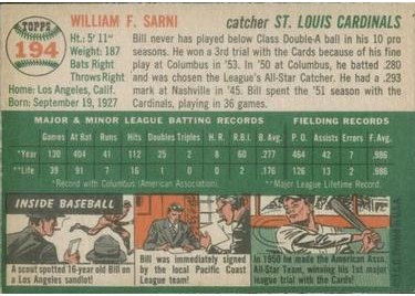 1954 Topps #194 Bill Sarni (back)