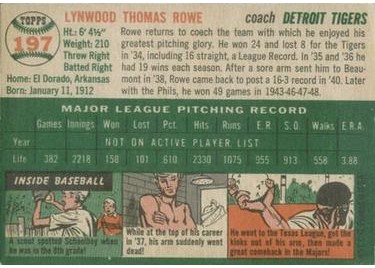 1954 Topps #197 Schoolboy Rowe (back)