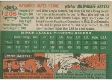 1954 Topps #206 Ray Crone (back)