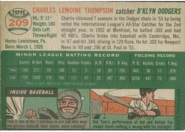 1954 Topps #209 Charlie Thompson (back)