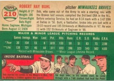 1954 Topps #210 Bob Buhl (back)