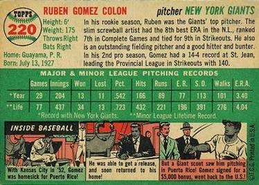 1954 Topps #220 Ruben Gomez (back)