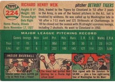 1954 Topps #224 Dick Weik (back)