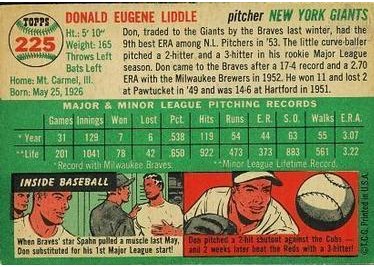 1954 Topps #225 Don Liddle (back)