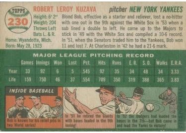 1954 Topps #230 Bob Kuzava (back)