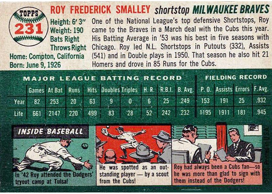 1954 Topps #231 Roy Smalley (back)