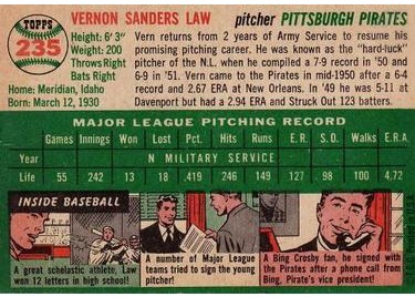 1954 Topps #235 Vern Law (back)