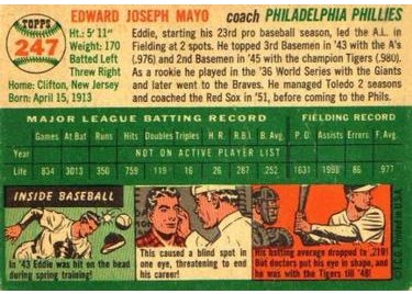 1954 Topps #247 Eddie Mayo (back)