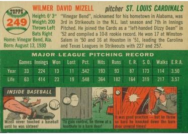 1954 Topps #249 Wilmer Mizell (back)