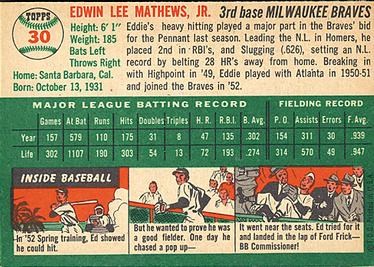1954 Topps #30 Eddie Mathews (back)