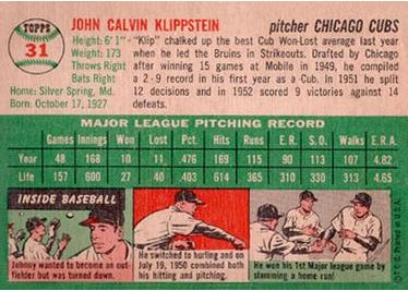1954 Topps #31 Johnny Klippstein (back)