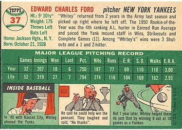 1954 Topps #37 Whitey Ford (back)