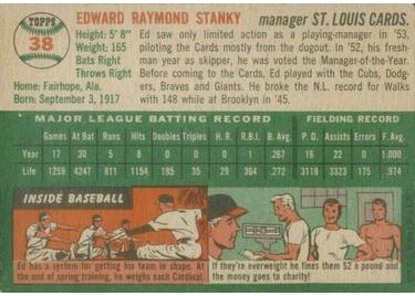 1954 Topps #38 Eddie Stanky (back)